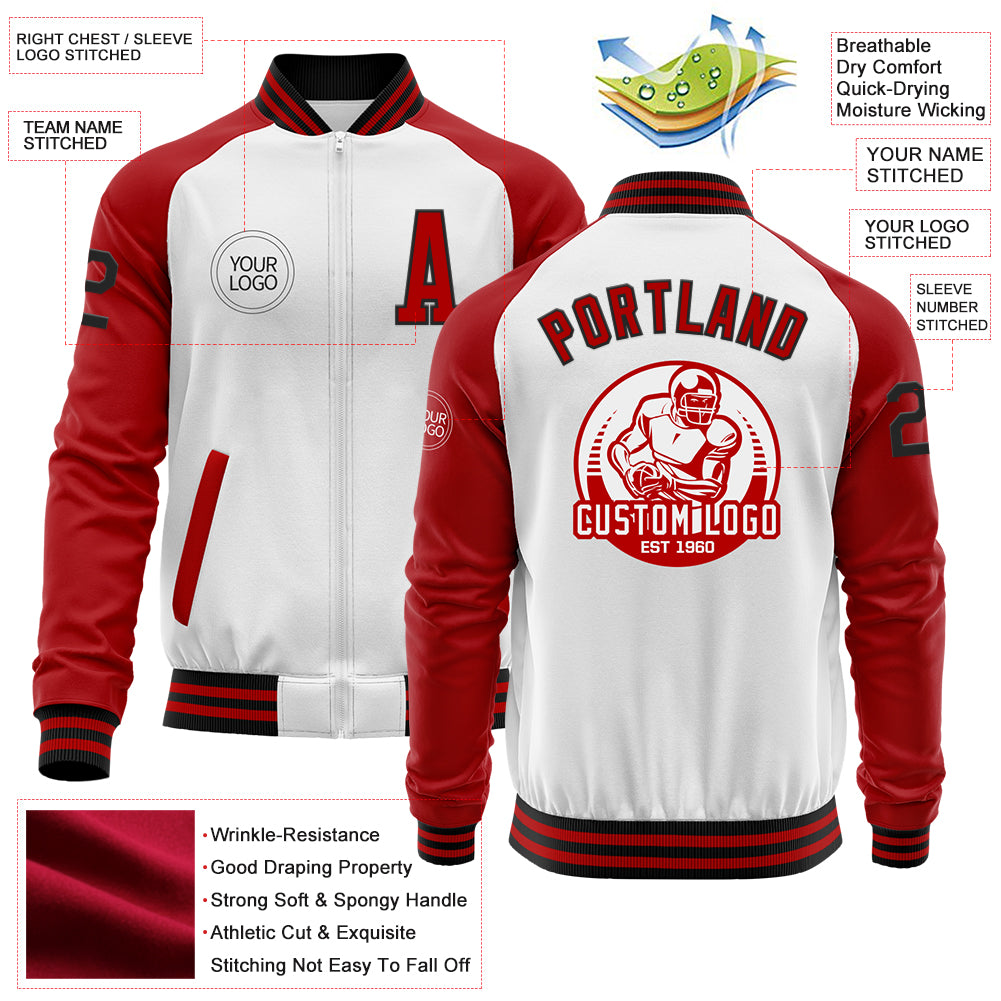 Custom White Black-Red Bomber Varsity Letterman Two Tone Zipper Jacket