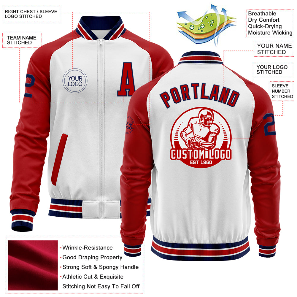 Custom White Navy-Red Bomber Varsity Letterman Two Tone Zipper Jacket