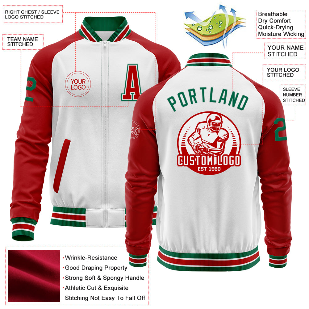 Custom White Kelly Green-Red Bomber Varsity Letterman Two Tone Zipper Jacket