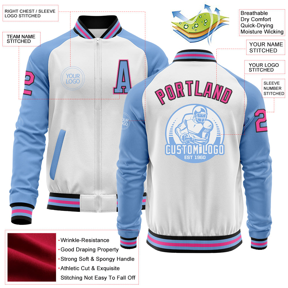 Custom White Pink Black-Light Blue Bomber Varsity Letterman Two Tone Zipper Jacket