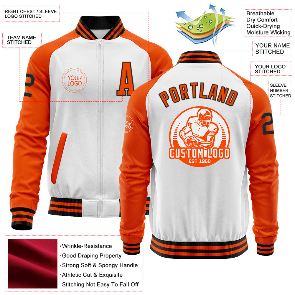 Custom White Black-Orange Bomber Varsity Letterman Two Tone Zipper Jacket