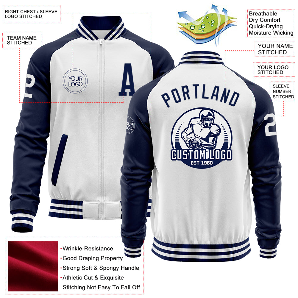 Custom White Navy Bomber Varsity Letterman Two Tone Zipper Jacket