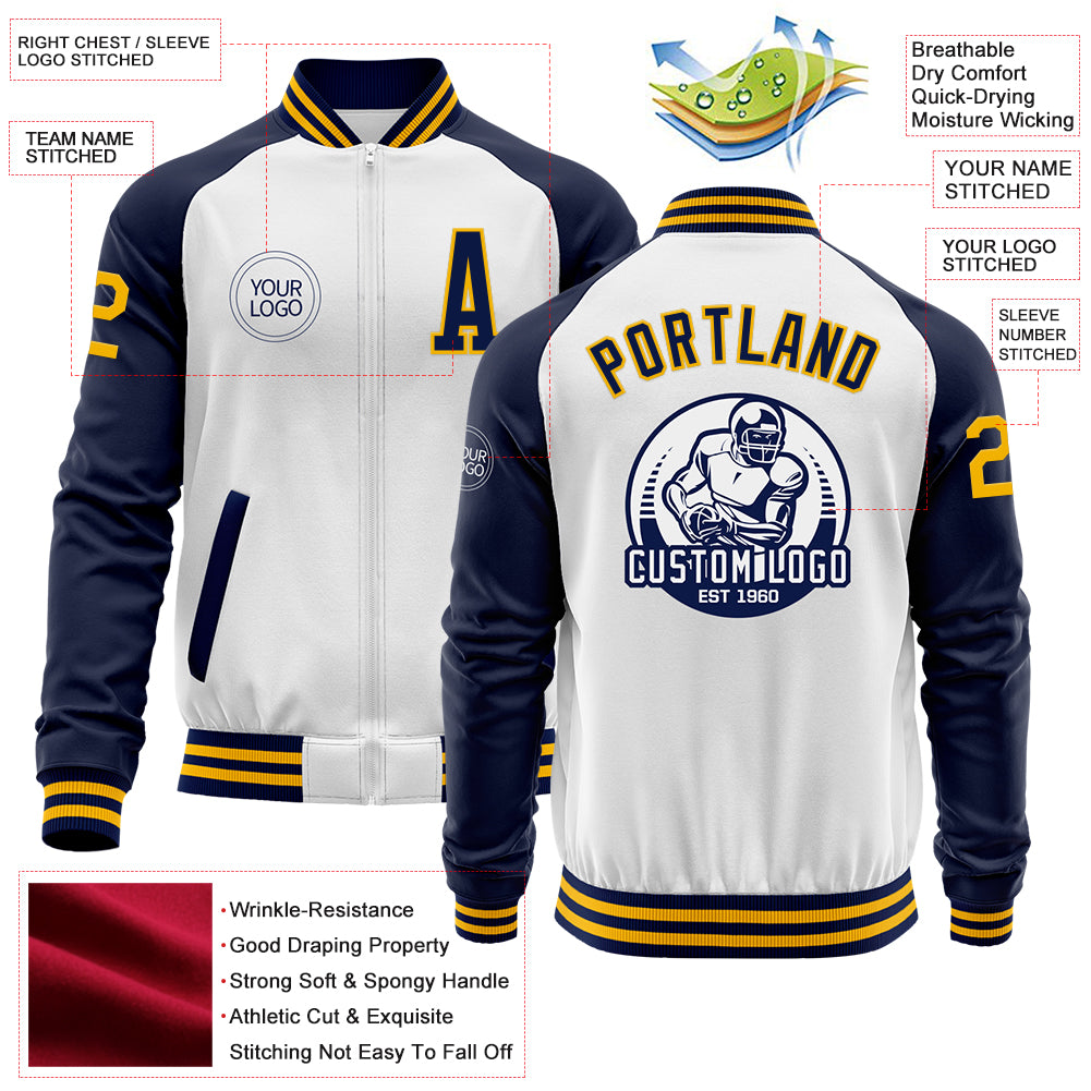 Custom White Gold-Navy Bomber Varsity Letterman Two Tone Zipper Jacket