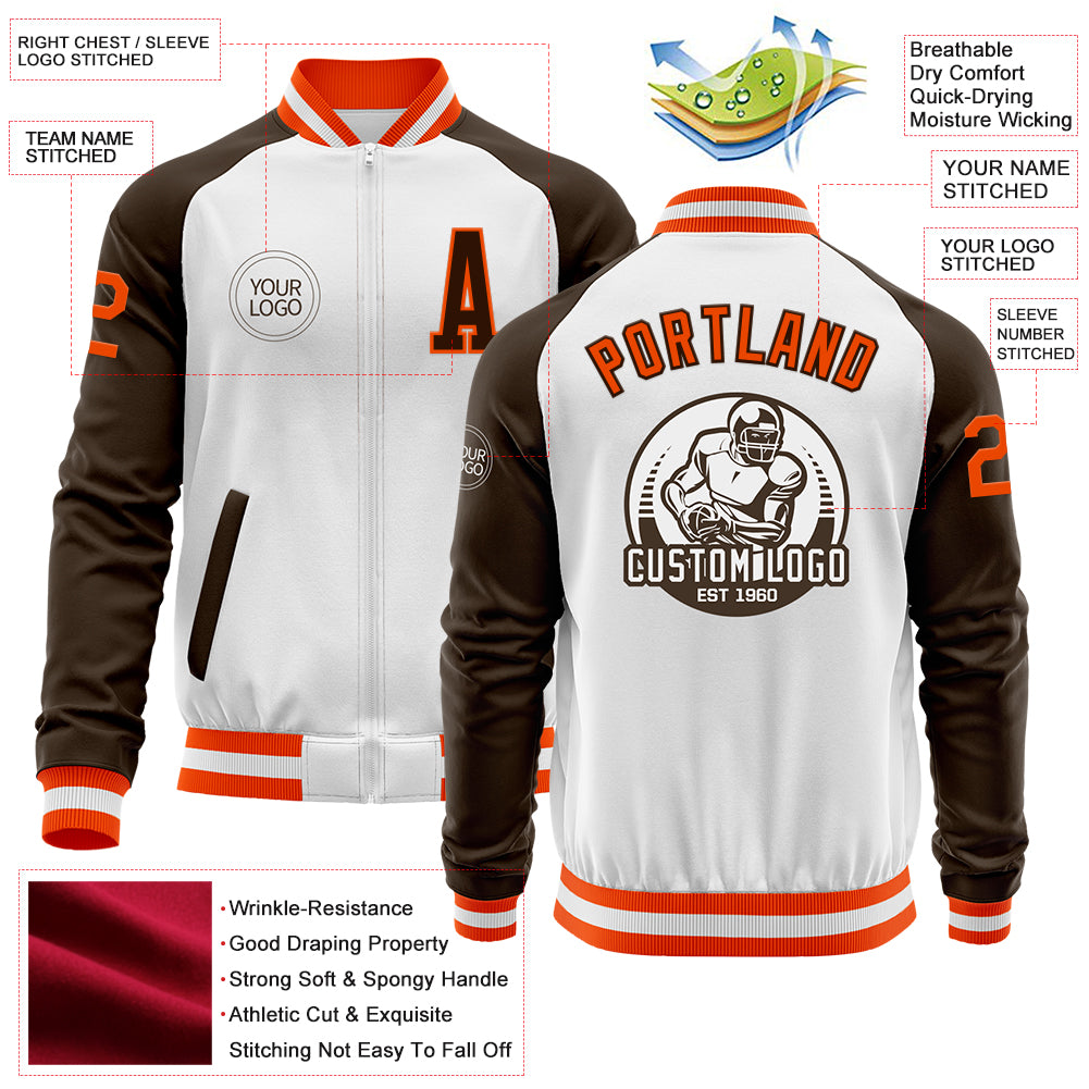 Custom White Orange-Brown Bomber Varsity Letterman Two Tone Zipper Jacket