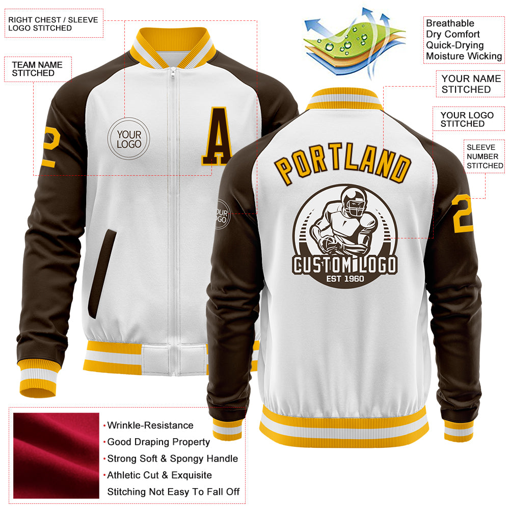 Custom White Gold-Brown Bomber Varsity Letterman Two Tone Zipper Jacket