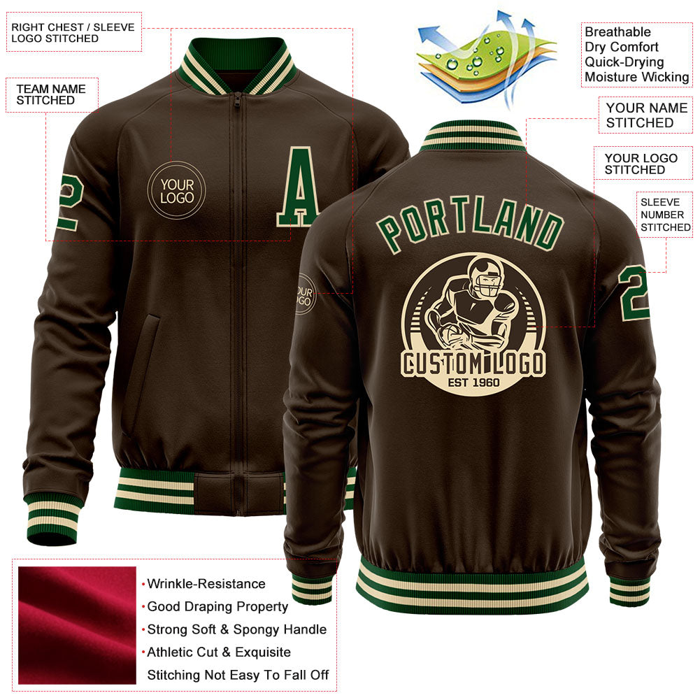 Custom Brown Green-Cream Bomber Varsity Letterman Zipper Jacket