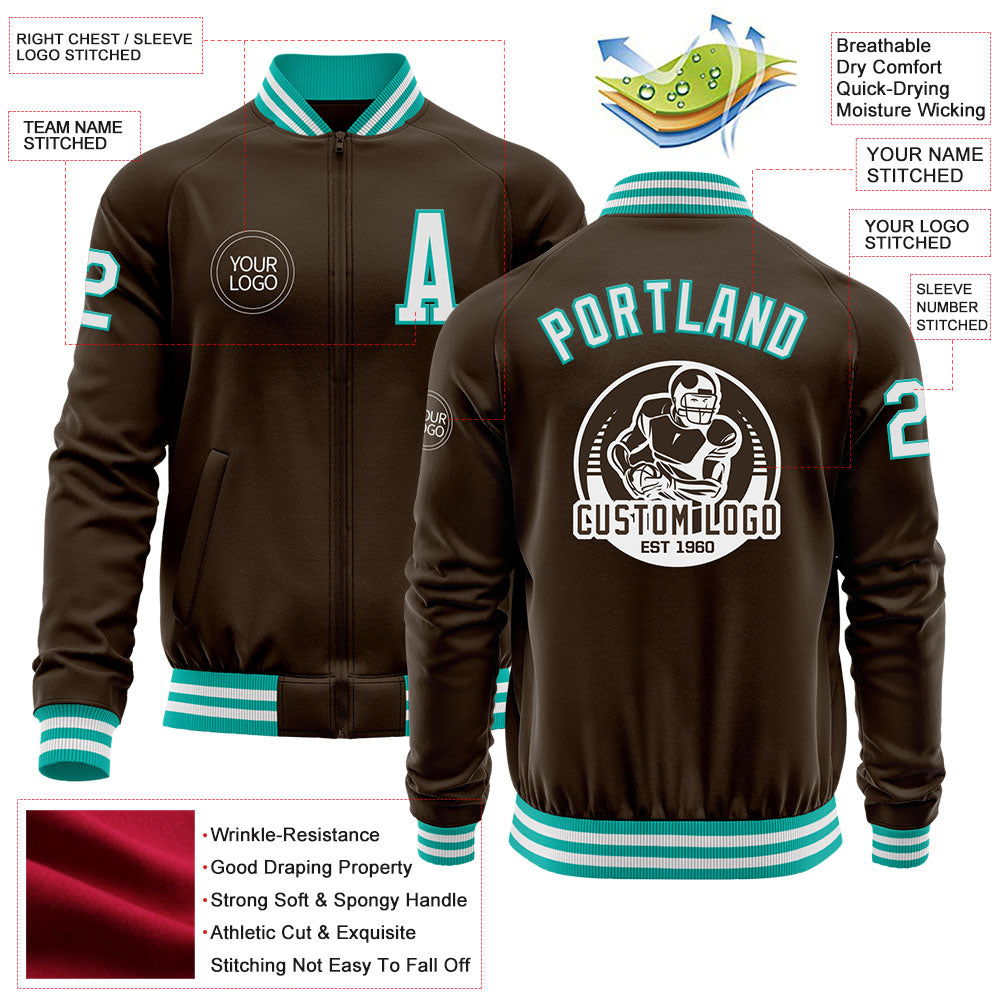 Custom Brown White-Aqua Bomber Varsity Letterman Zipper Jacket