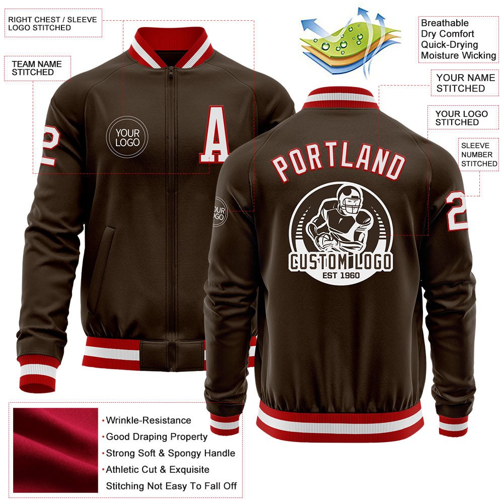 Custom Brown White-Red Bomber Varsity Letterman Zipper Jacket