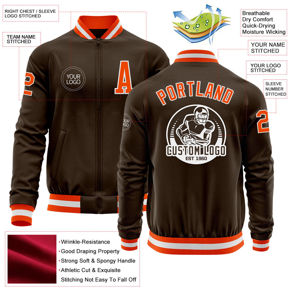 Custom Brown Orange-White Bomber Varsity Letterman Zipper Jacket