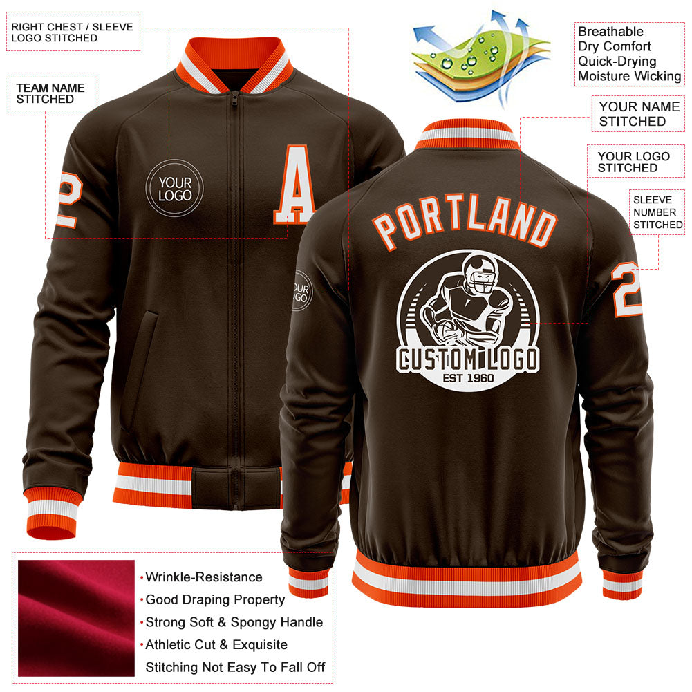 Custom Brown White-Orange Bomber Varsity Letterman Zipper Jacket