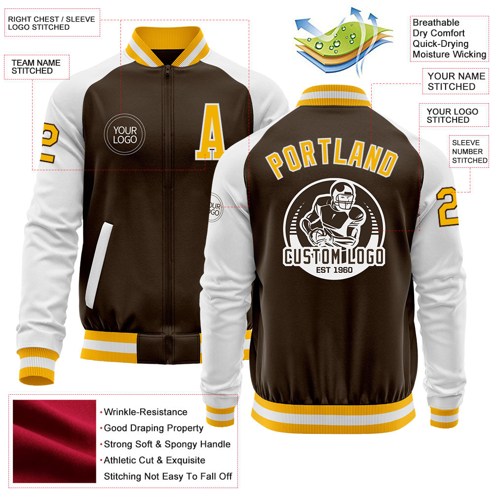 Custom Brown Gold-White Bomber Varsity Letterman Two Tone Zipper Jacket