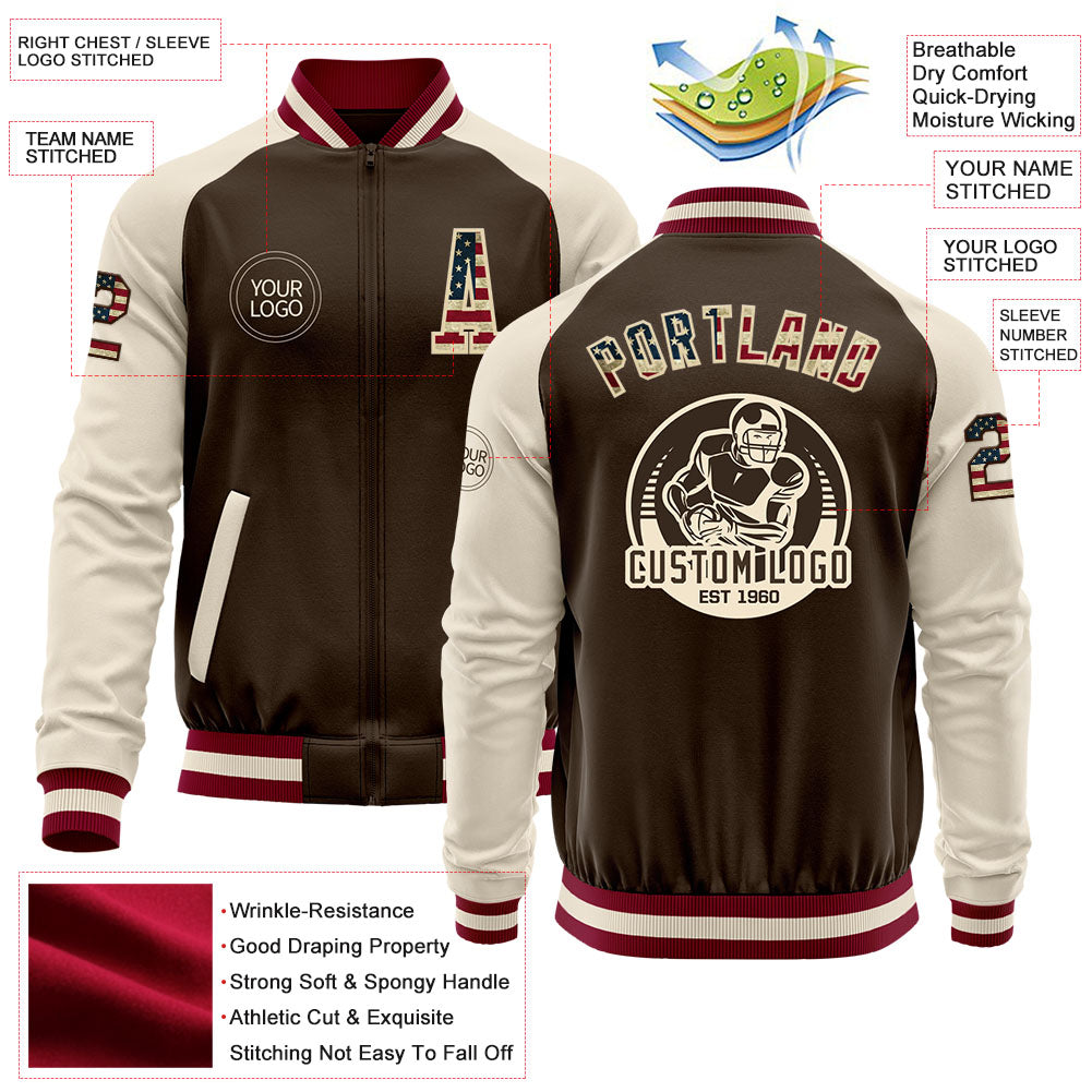 Custom Brown Vintage USA Flag Cream-Maroon Bomber Varsity Letterman Two Tone Zipper Jacket