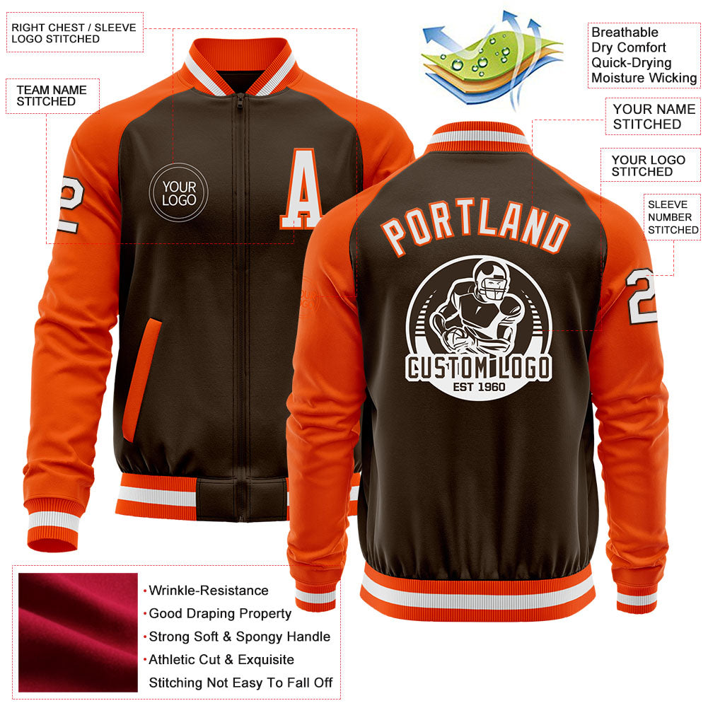 Custom Brown White-Orange Bomber Varsity Letterman Two Tone Zipper Jacket