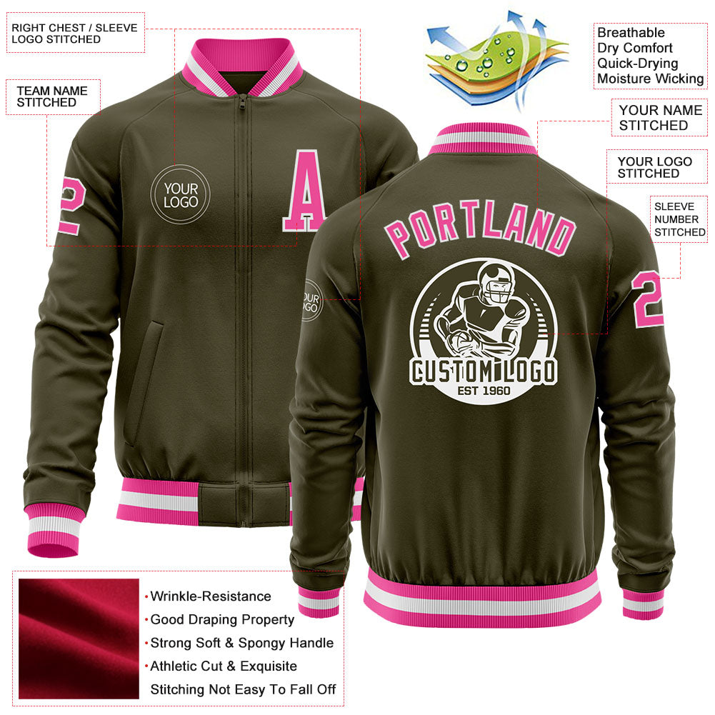 Custom Olive Pink-White Bomber Varsity Letterman Salute To Service Zipper Jacket