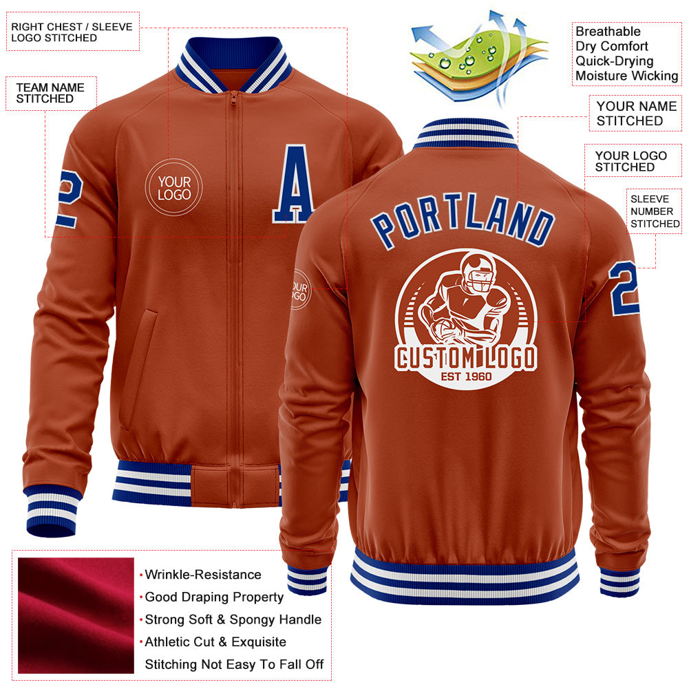 Custom Texas Orange Royal-White Bomber Varsity Letterman Zipper Jacket