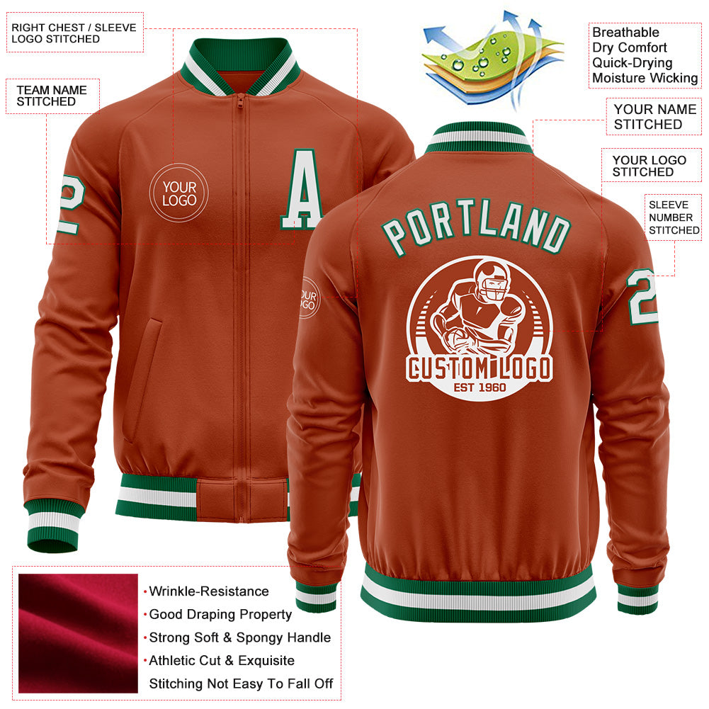 Custom Texas Orange White-Kelly Green Bomber Varsity Letterman Zipper Jacket