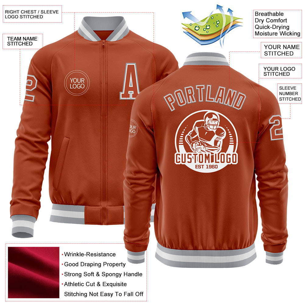 Custom Texas Orange White-Gray Bomber Varsity Letterman Zipper Jacket