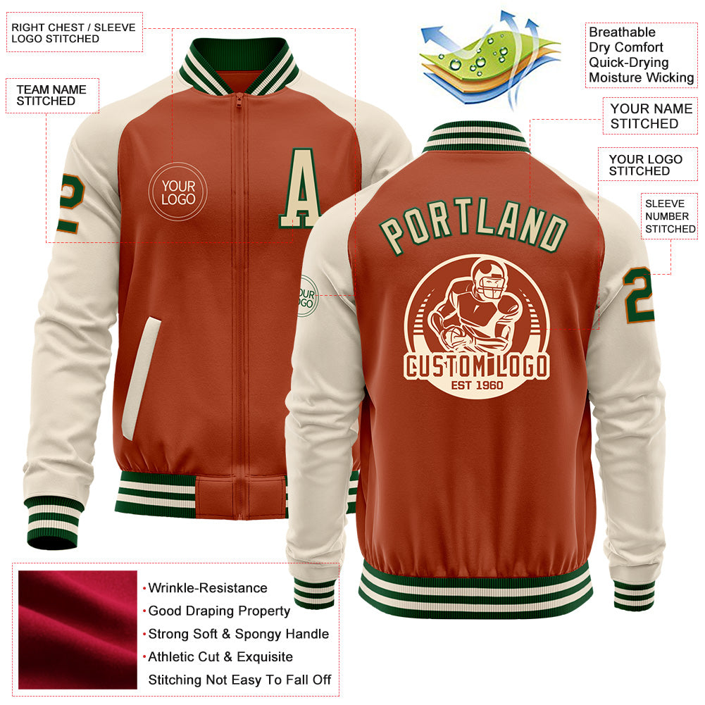 Custom Texas Orange Green-Cream Bomber Varsity Letterman Two Tone Zipper Jacket