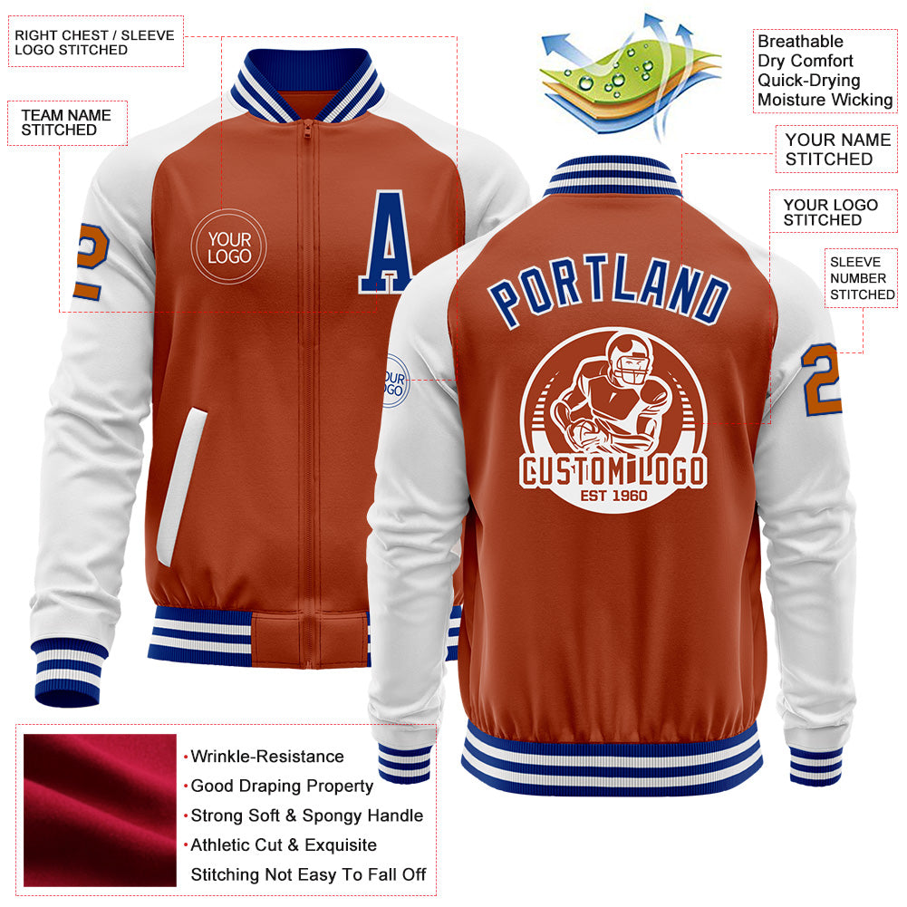 Custom Texas Orange Royal-White Bomber Varsity Letterman Two Tone Zipper Jacket