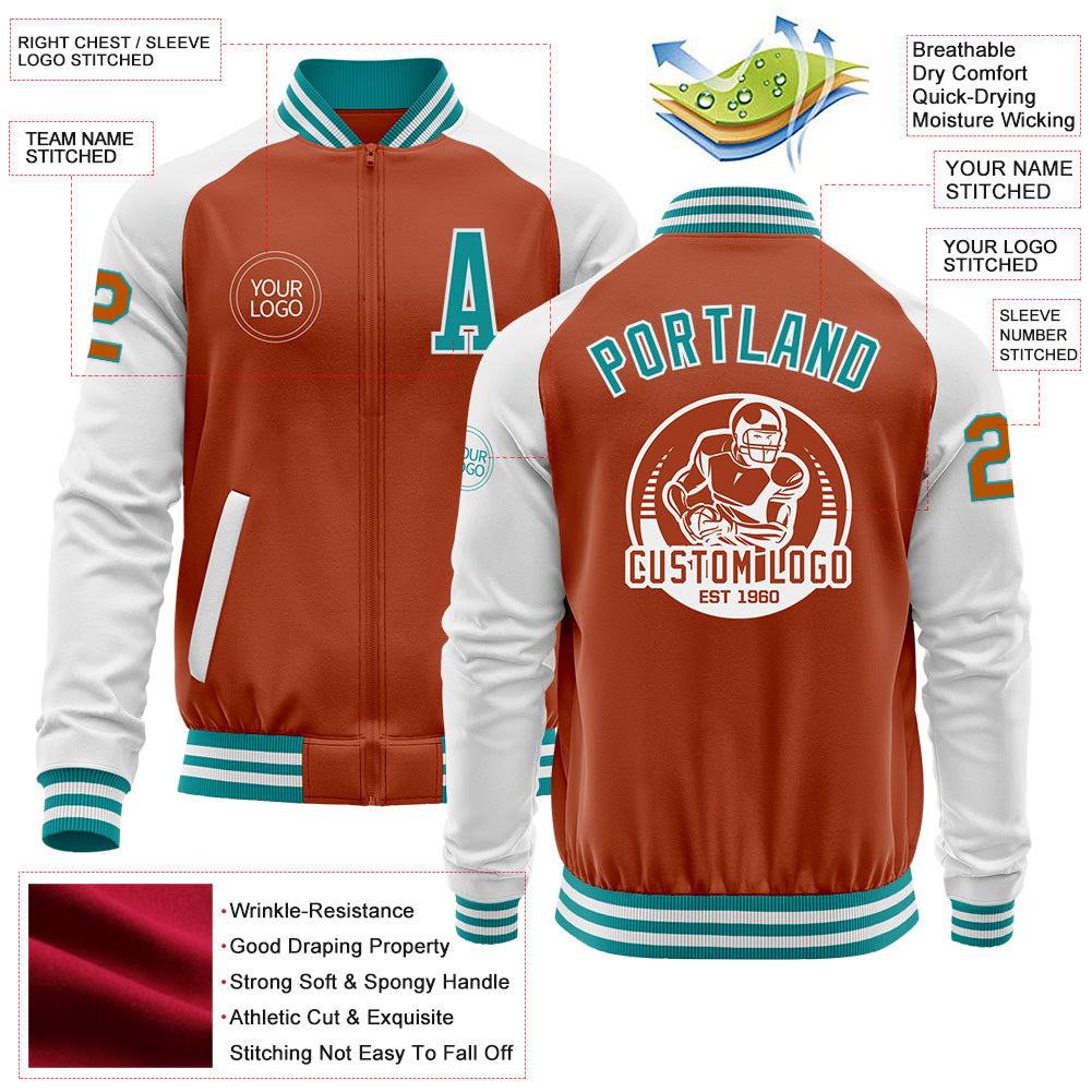 Custom Texas Orange Teal-White Bomber Varsity Letterman Two Tone Zipper Jacket