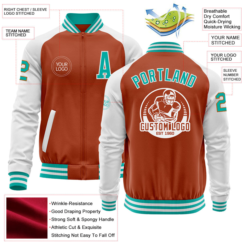 Custom Texas Orange Aqua-White Bomber Varsity Letterman Two Tone Zipper Jacket