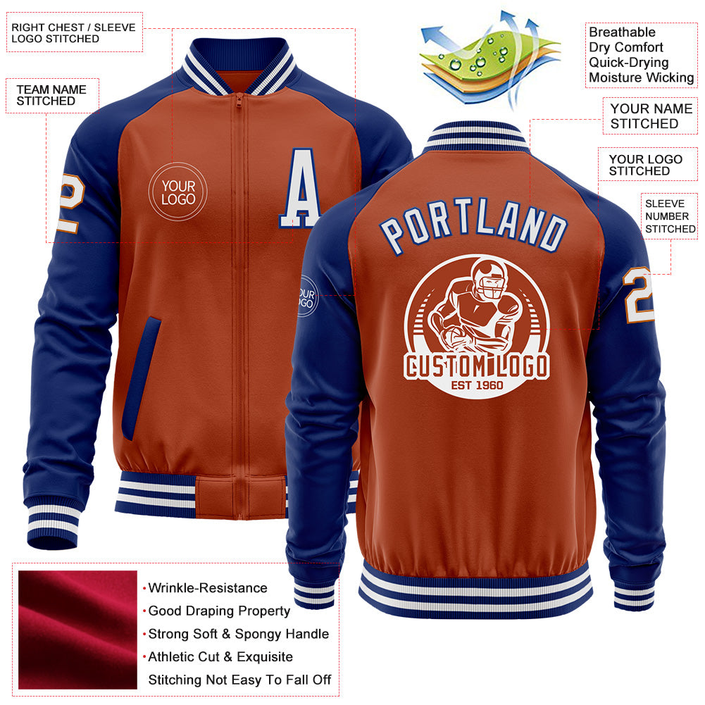 Custom Texas Orange White-Royal Bomber Varsity Letterman Two Tone Zipper Jacket