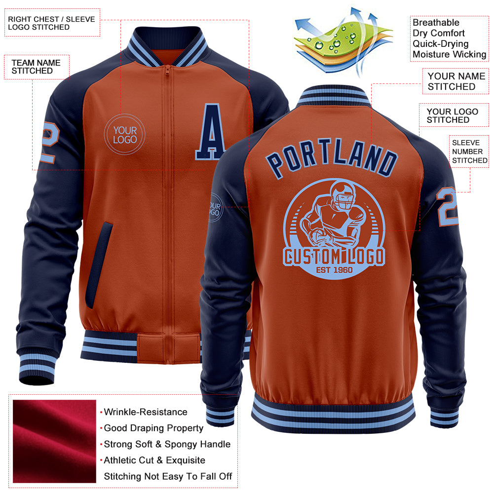 Custom Texas Orange Light Blue-Navy Bomber Varsity Letterman Two Tone Zipper Jacket