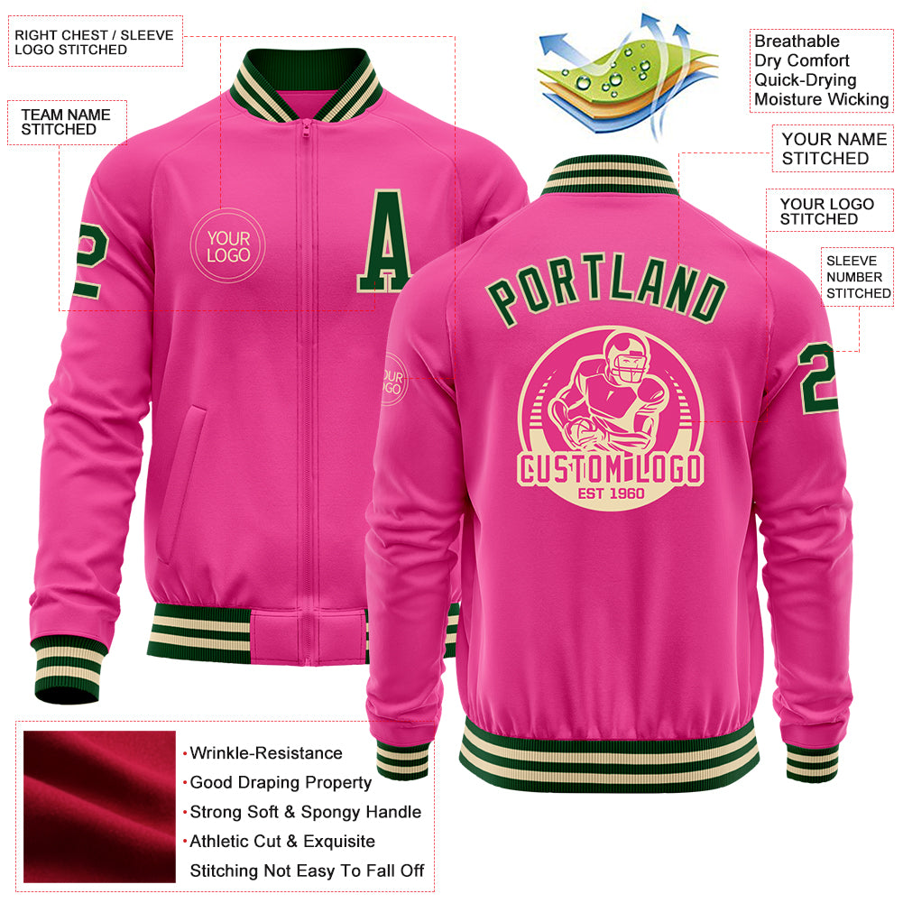 Custom Pink Green-Cream Bomber Varsity Letterman Zipper Jacket