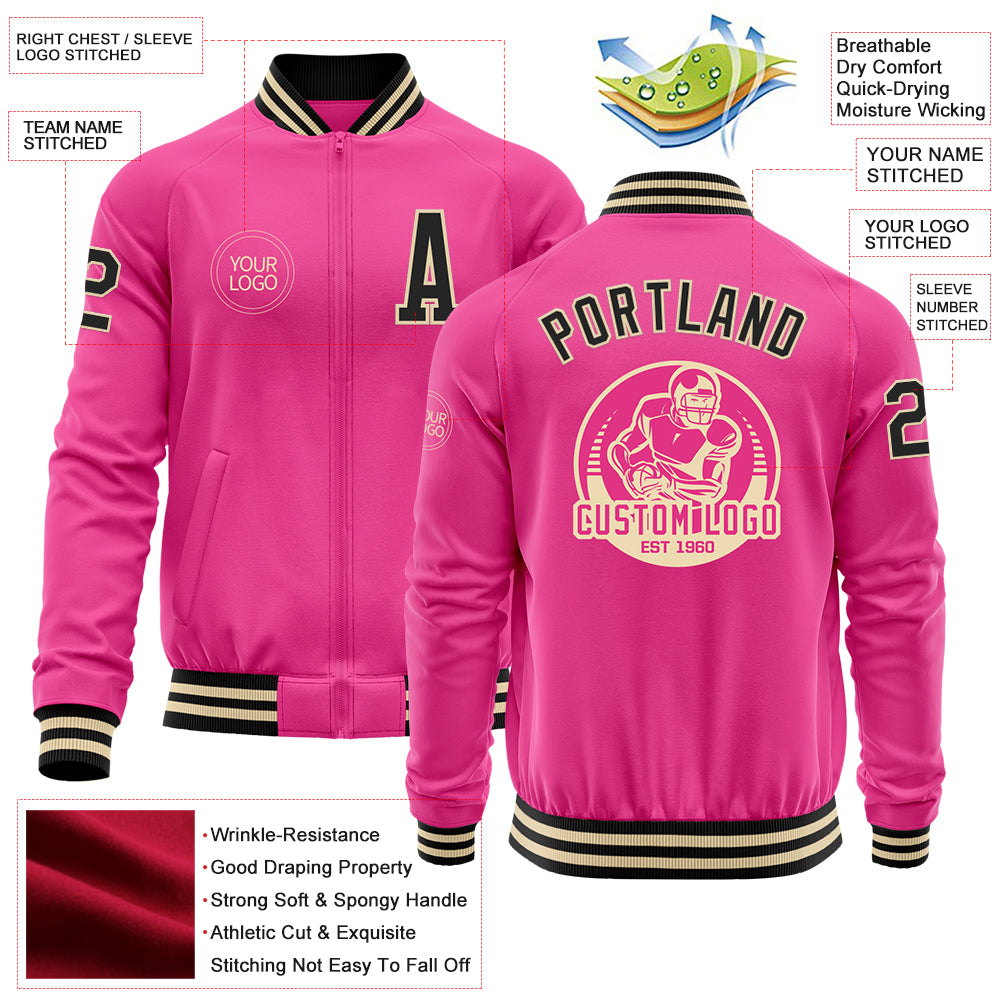 Custom Pink Black-Cream Bomber Varsity Letterman Zipper Jacket