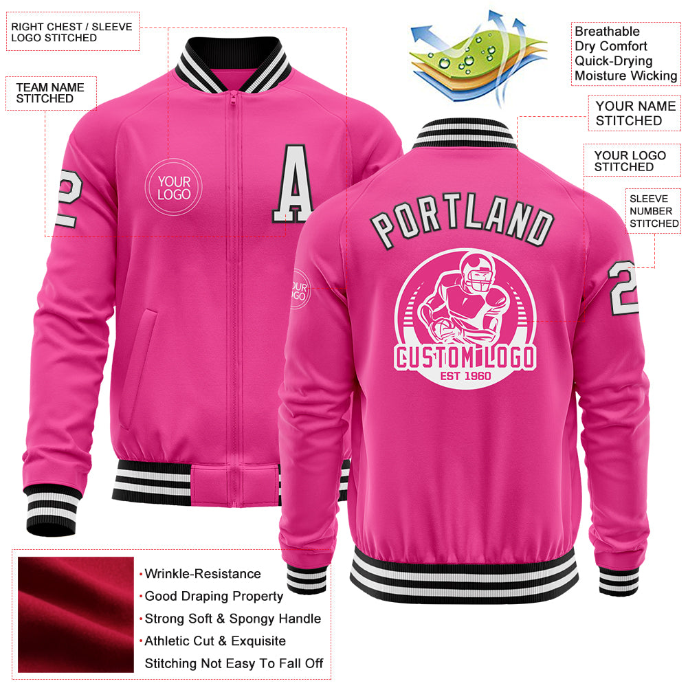 Custom Pink White-Black Bomber Varsity Letterman Zipper Jacket