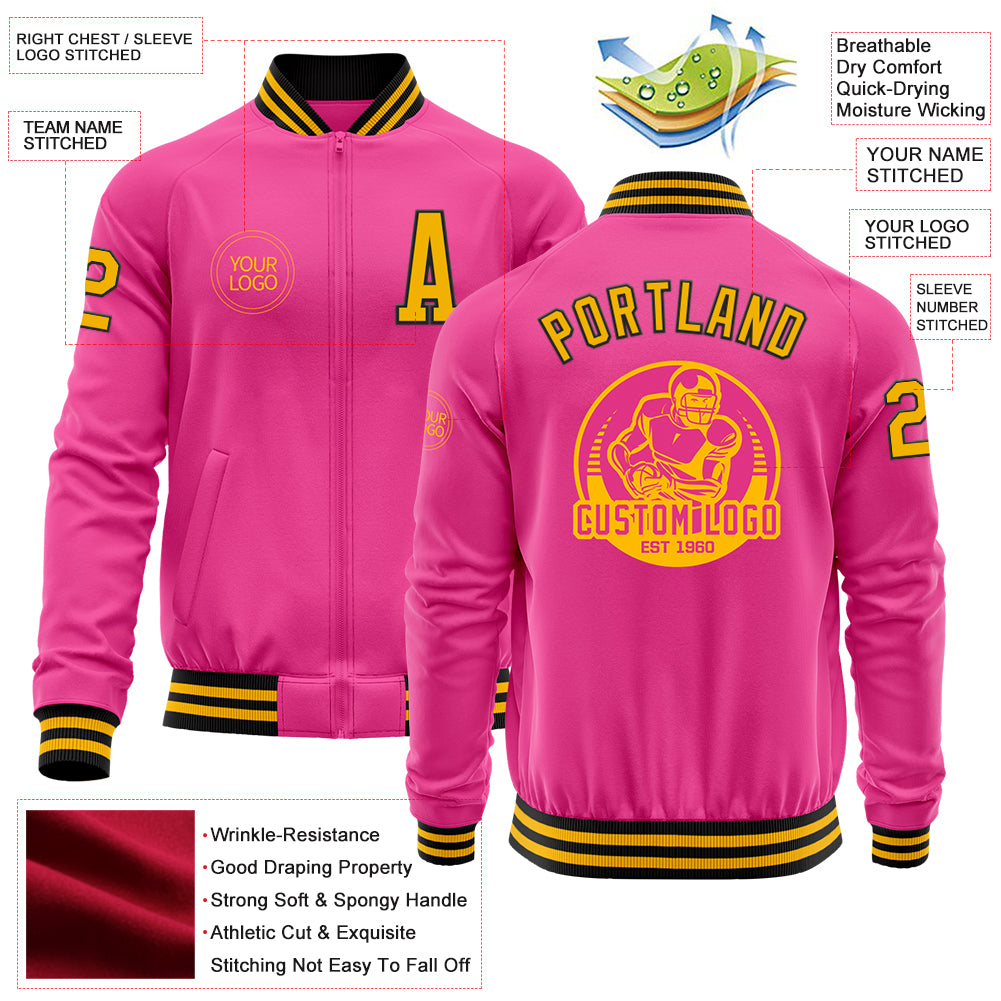 Custom Pink Gold-Black Bomber Varsity Letterman Zipper Jacket