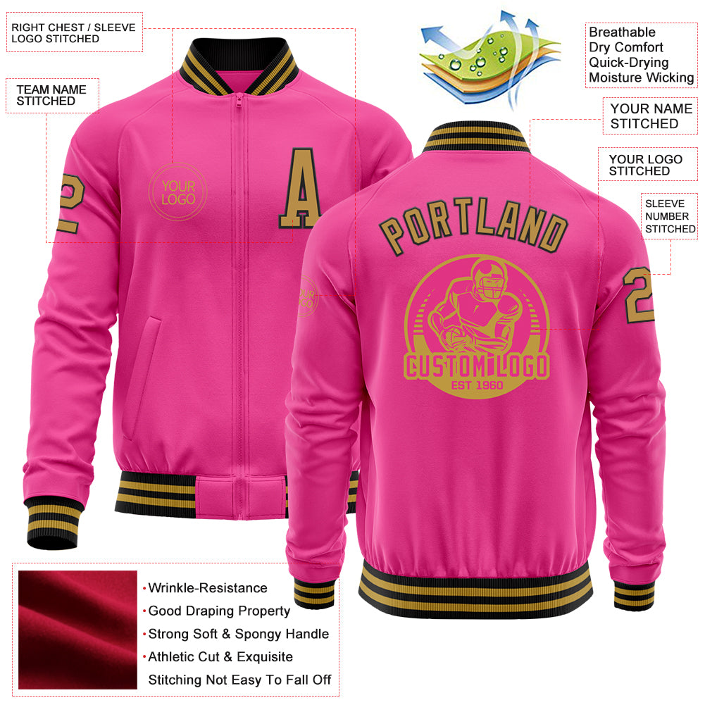 Custom Pink Old Gold-Black Bomber Varsity Letterman Zipper Jacket