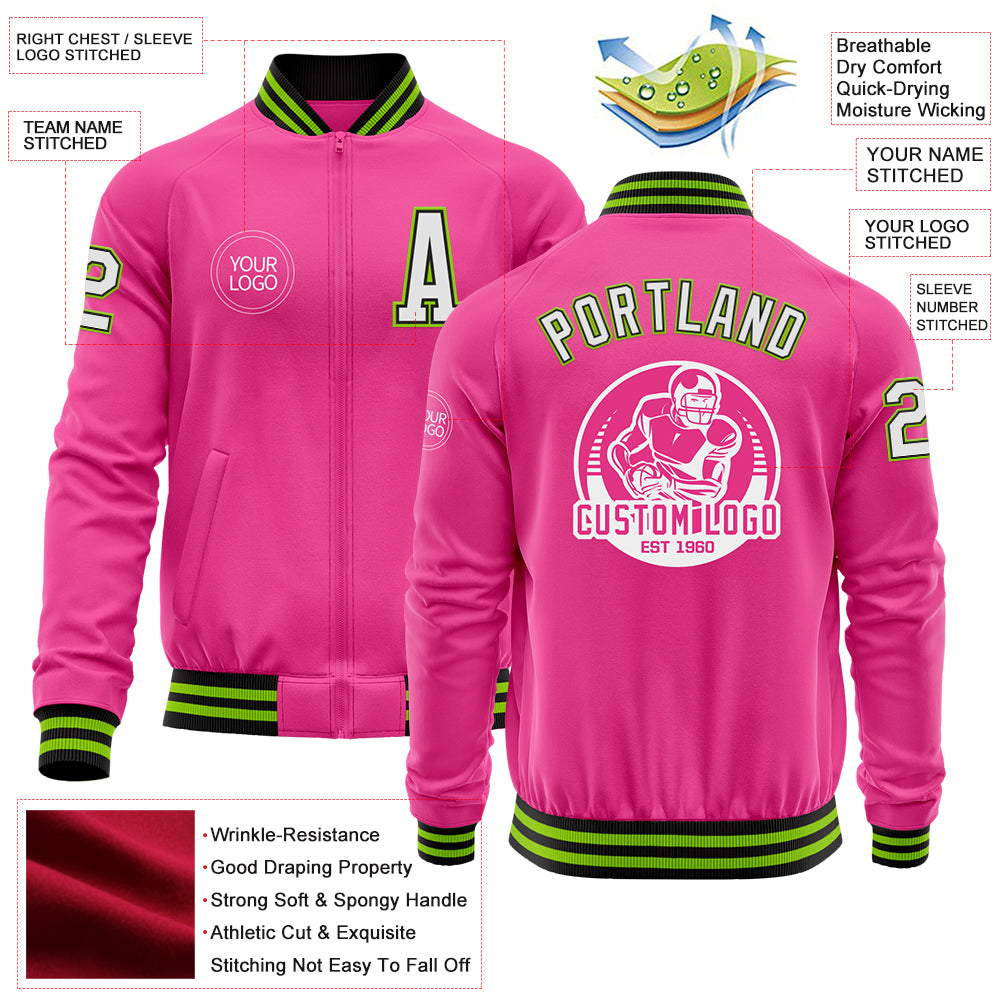 Custom Pink Black-Neon Green Bomber Varsity Letterman Zipper Jacket