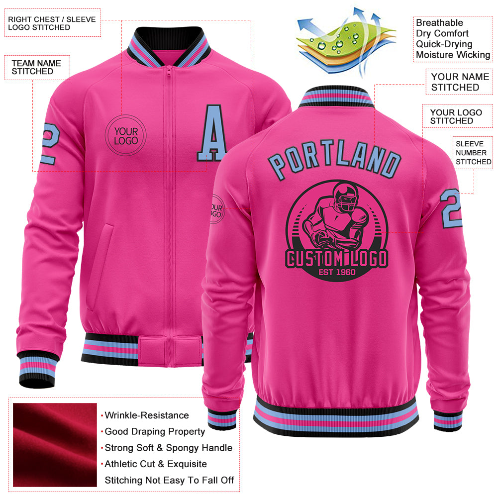 Custom Pink Light Blue-Black Bomber Varsity Letterman Zipper Jacket