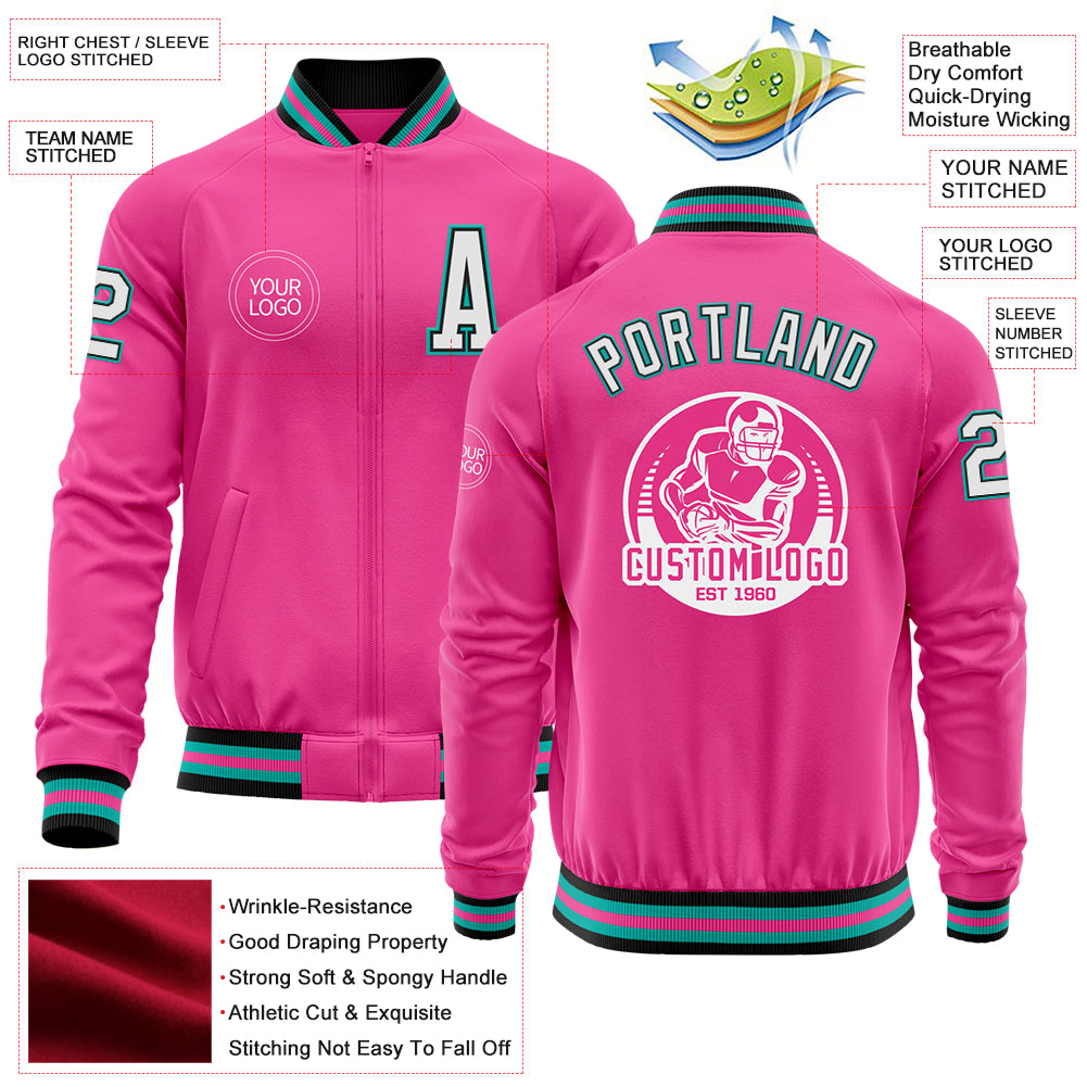 Custom Pink Black-Aqua Bomber Varsity Letterman Zipper Jacket