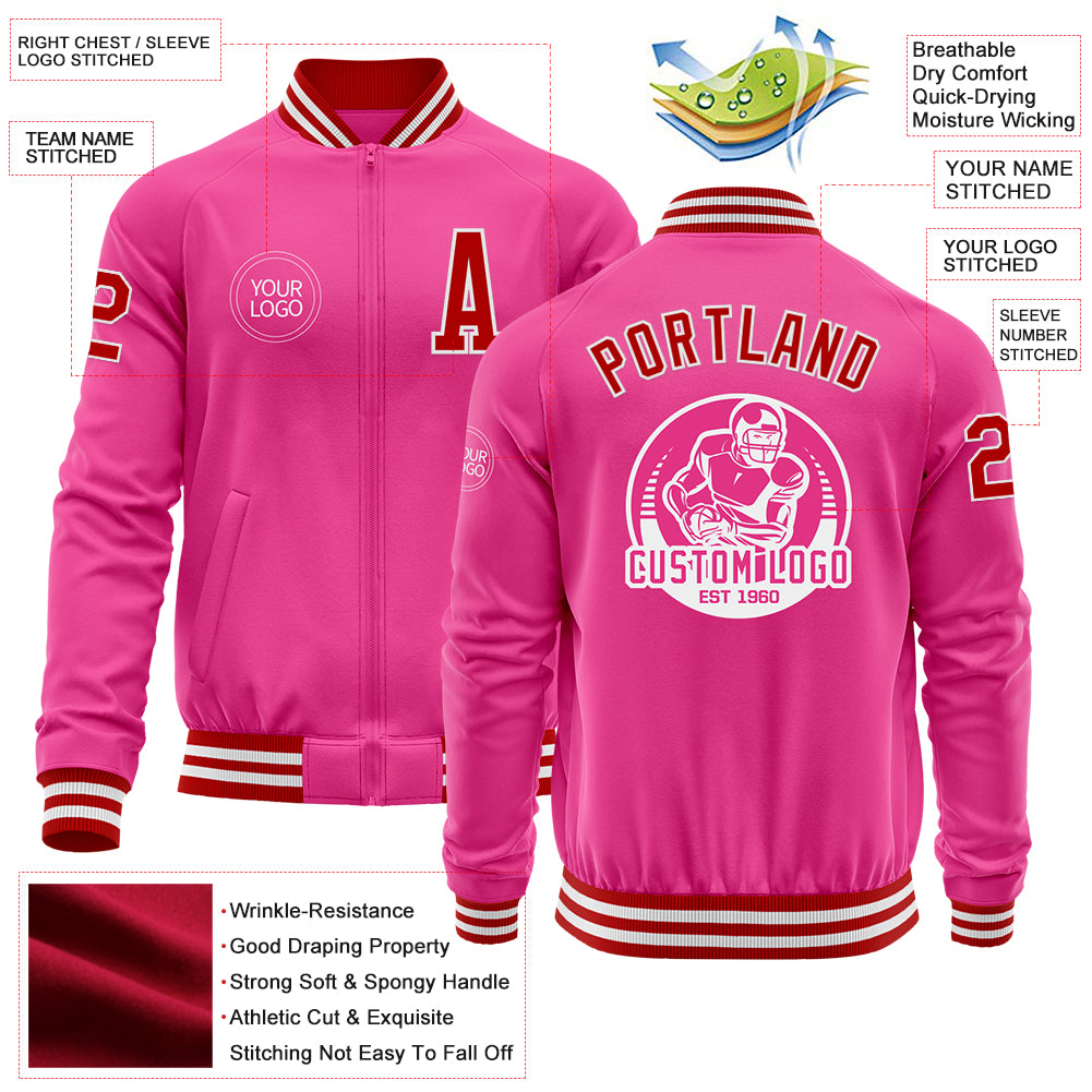 Custom Pink Red-White Bomber Varsity Letterman Zipper Jacket