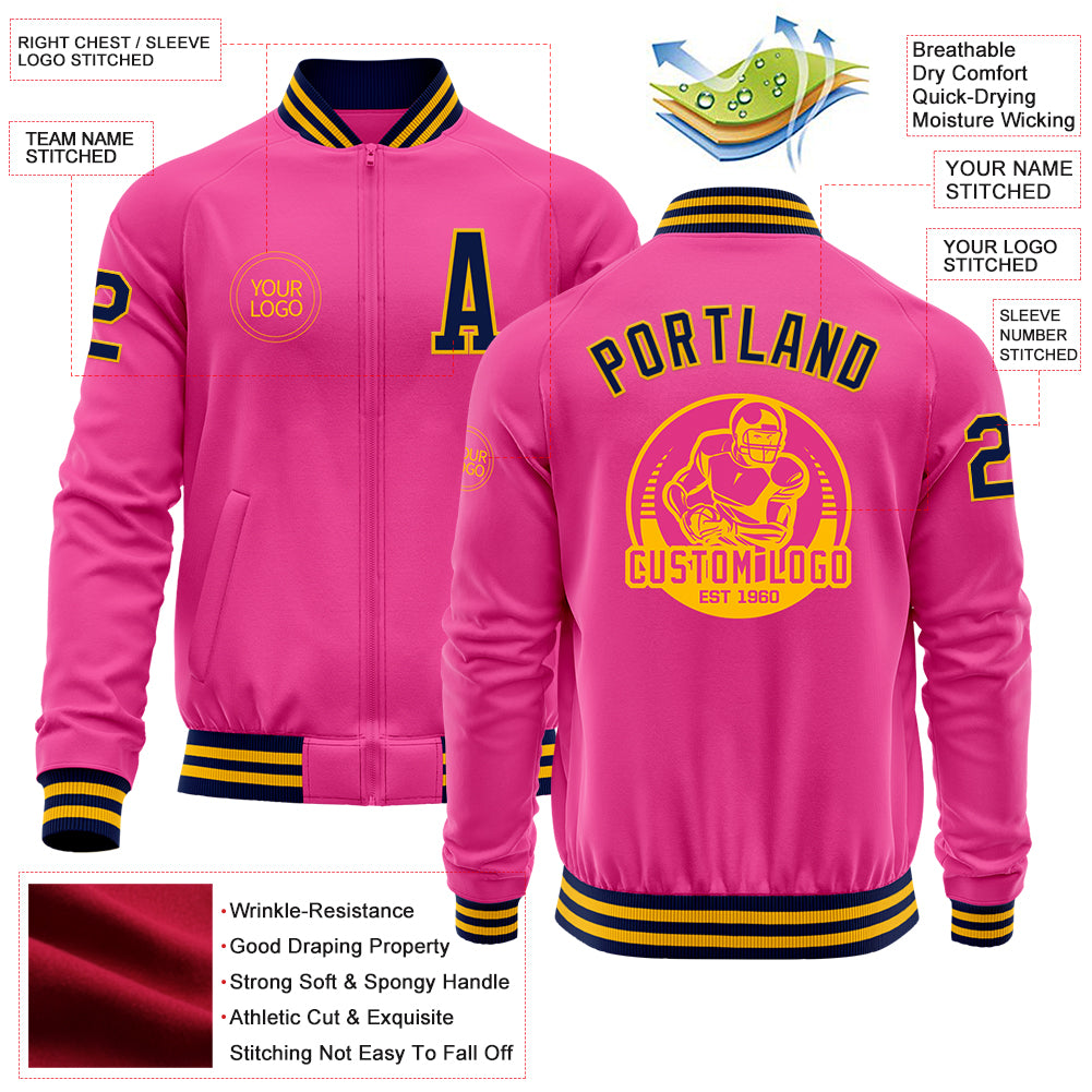 Custom Pink Navy-Gold Bomber Varsity Letterman Zipper Jacket