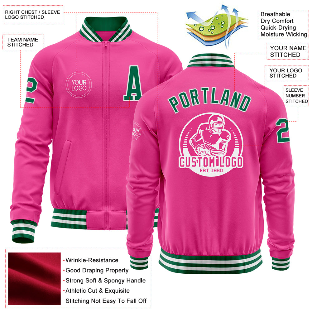 Custom Pink Kelly Green-White Bomber Varsity Letterman Zipper Jacket