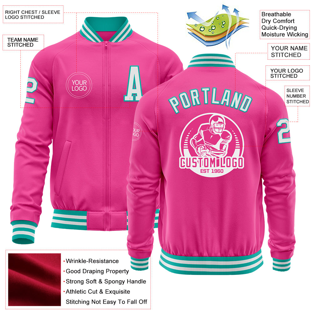 Custom Pink White-Aqua Bomber Varsity Letterman Zipper Jacket