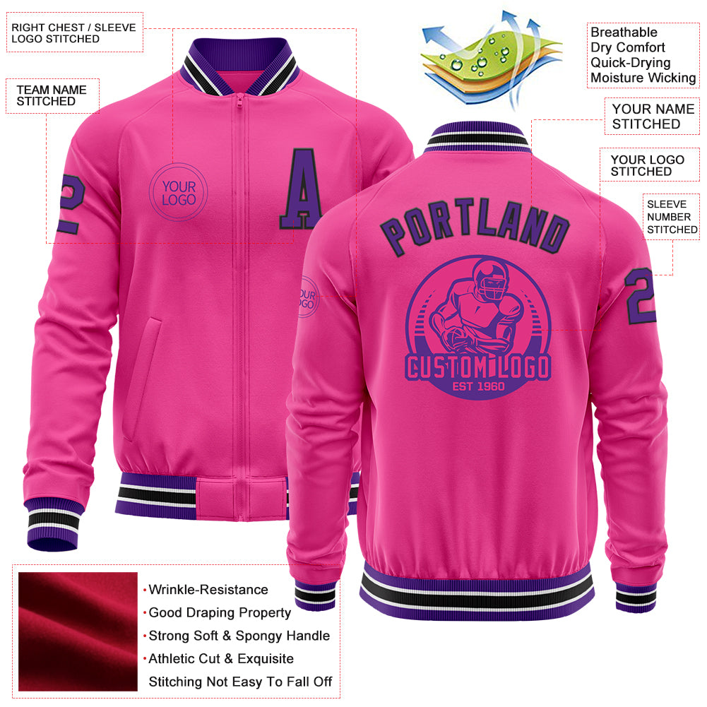 Custom Pink Purple-Black Bomber Varsity Letterman Zipper Jacket