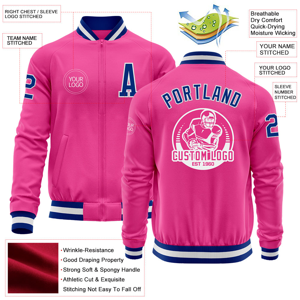 Custom Pink Royal-White Bomber Varsity Letterman Zipper Jacket