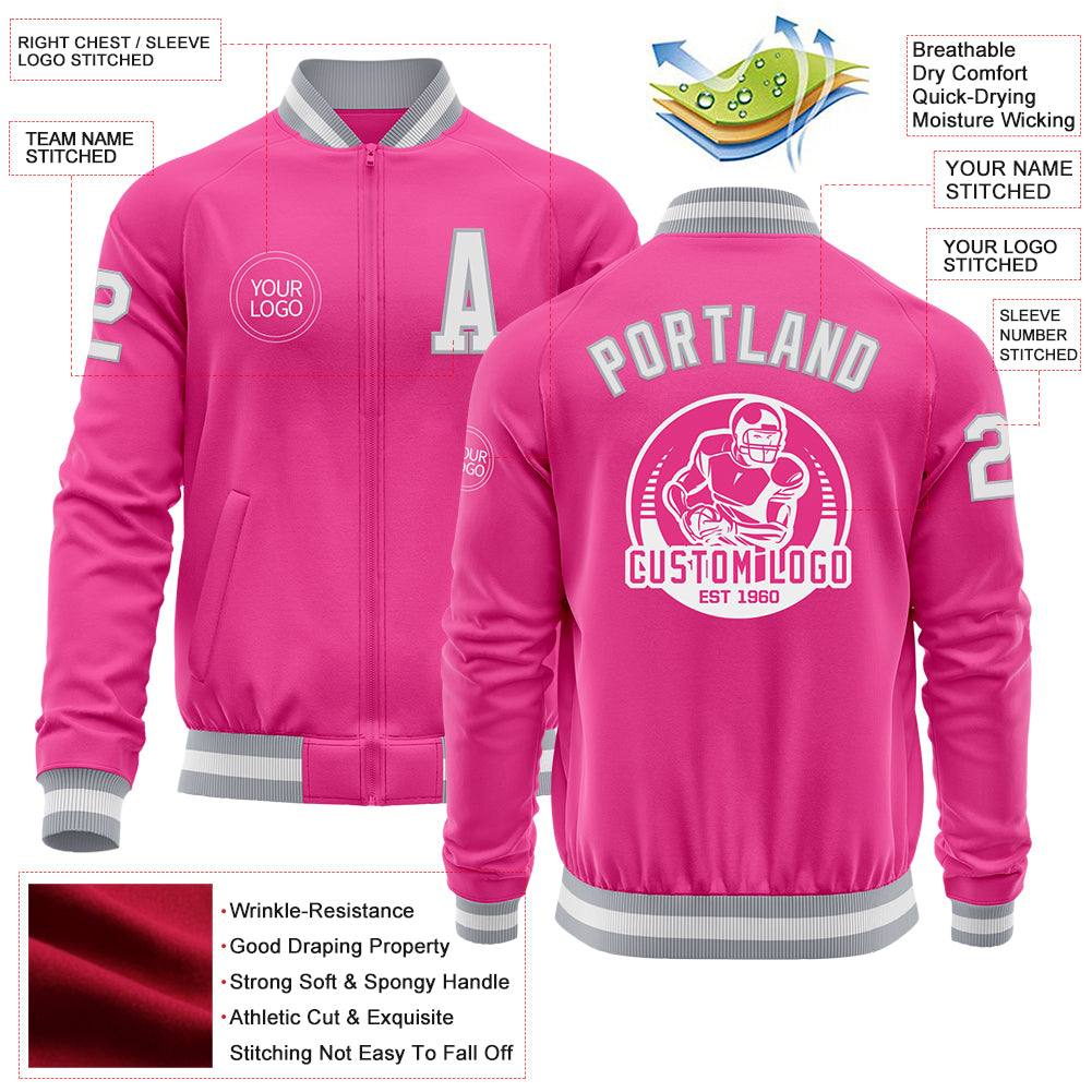 Custom Pink White-Gray Bomber Varsity Letterman Zipper Jacket