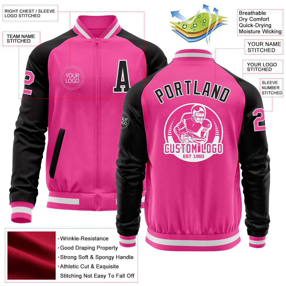 Custom Pink White-Black Bomber Varsity Letterman Two Tone Zipper Jacket