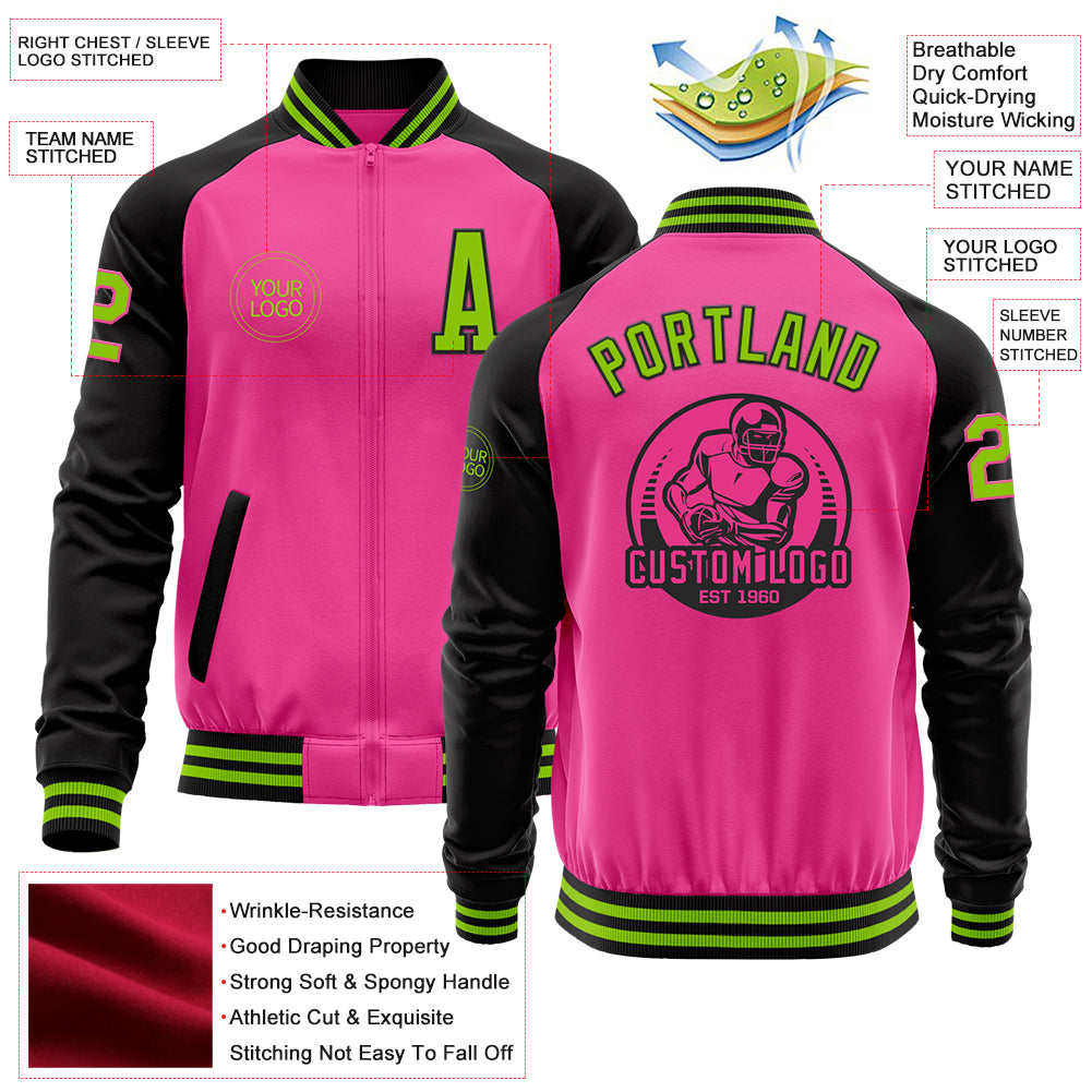 Custom Pink Neon Green-Black Bomber Varsity Letterman Two Tone Zipper Jacket