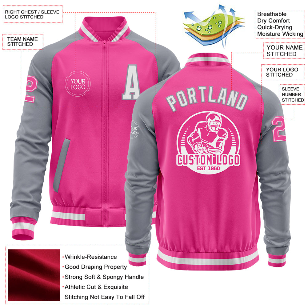 Custom Pink White-Gray Bomber Varsity Letterman Two Tone Zipper Jacket