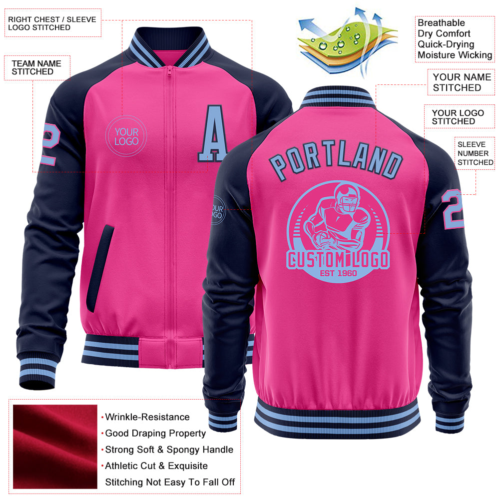 Custom Pink Light Blue-Navy Bomber Varsity Letterman Two Tone Zipper Jacket