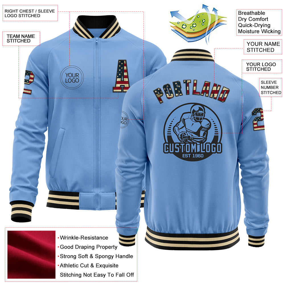 Custom Light Blue Vintage USA Flag Black-Cream Bomber Varsity Letterman Zipper Jacket