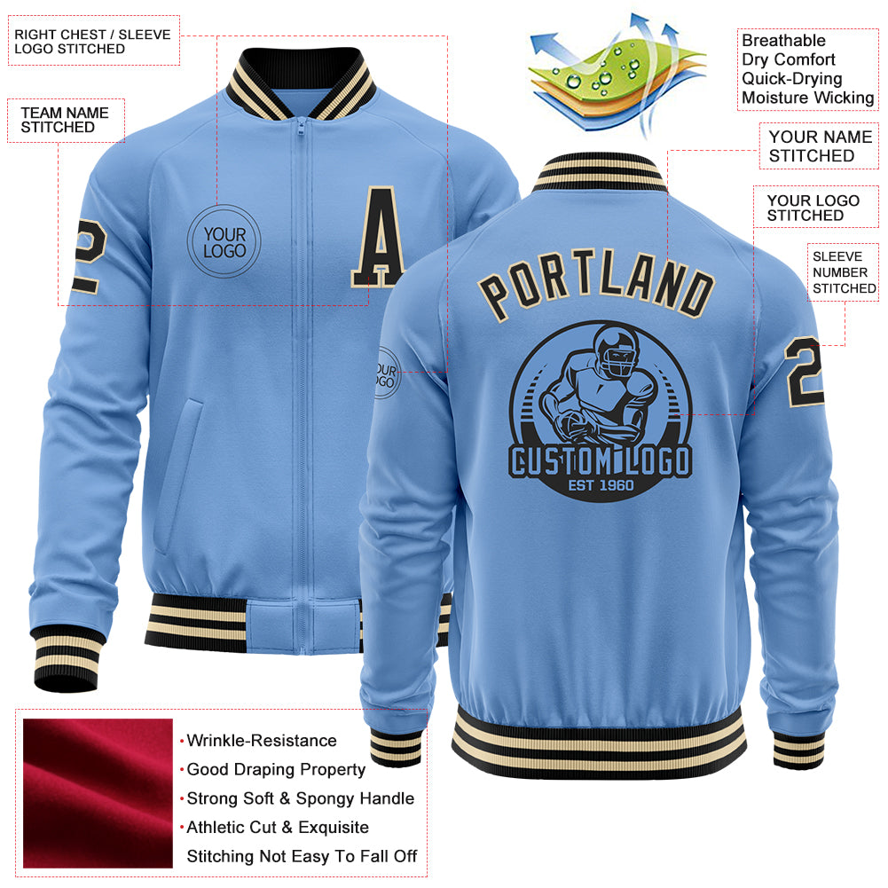 Custom Light Blue Black-Cream Bomber Varsity Letterman Zipper Jacket