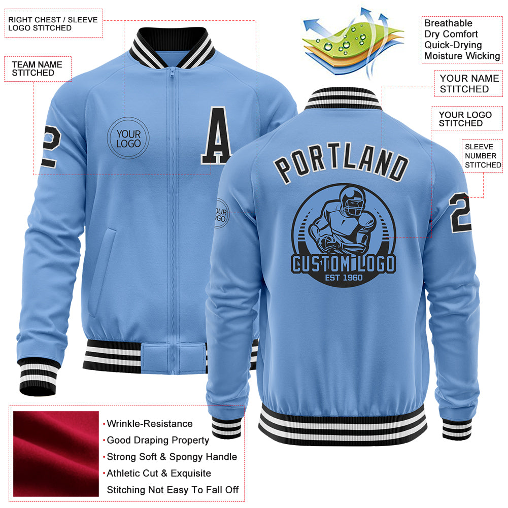 Custom Light Blue Black-White Bomber Varsity Letterman Zipper Jacket