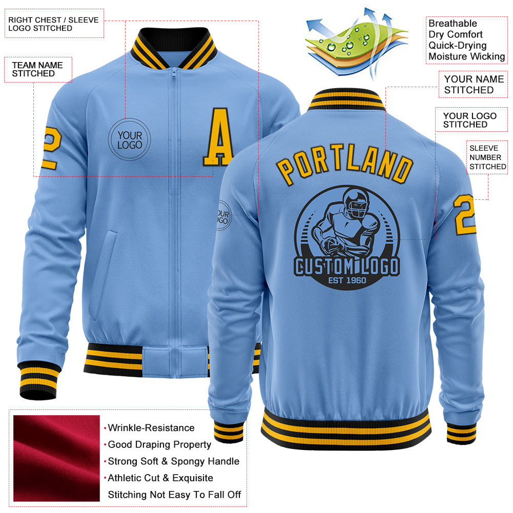 Custom Light Blue Gold-Black Bomber Varsity Letterman Zipper Jacket